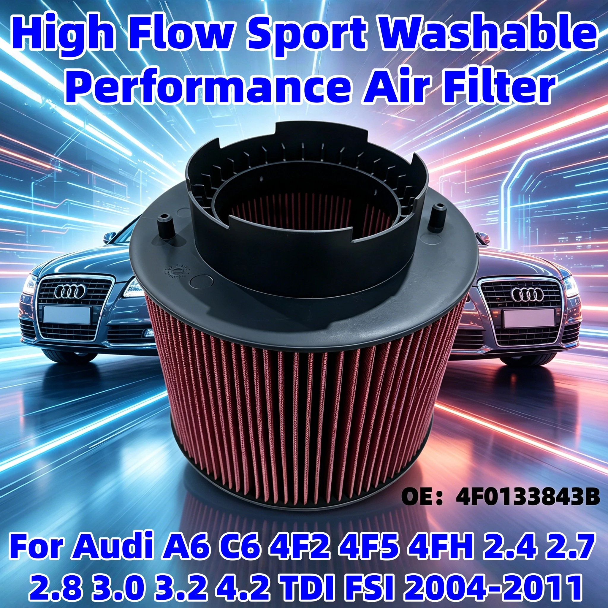 High Flow Sport Washable Performance Air Filter For Audi A6 C6 4F2 4F5 4FH 2.4 2.7 2.8 3.0 3.2 4.2 TDI FSI 2004-2011 4F0133843B
