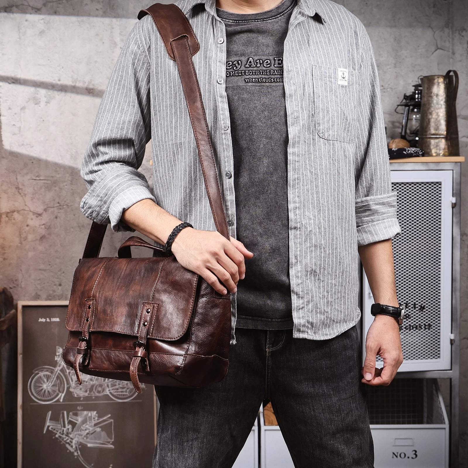 Vintage Herren-Umhängetasche aus hochwertigem Leder, lässige Messenger-Tasche, große horizontale quadratische Schultertasche – Detail 4