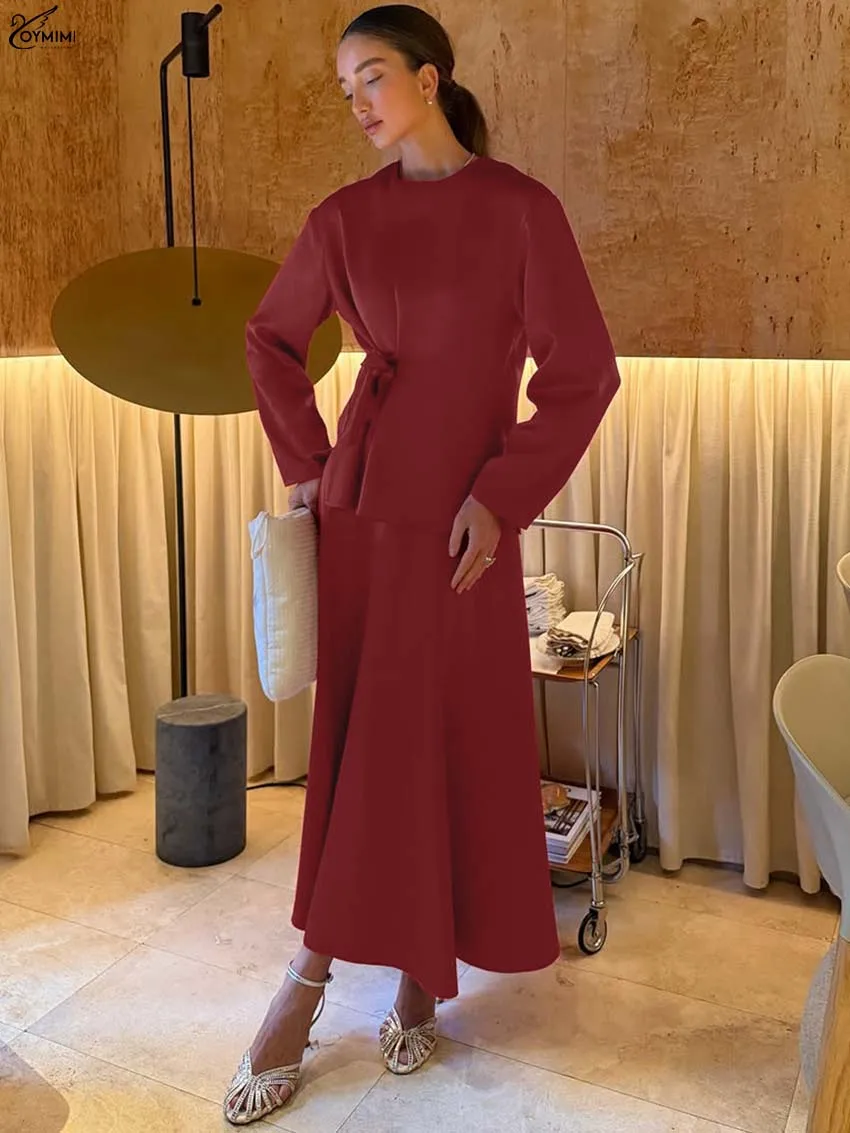 

Oymimi Fashion Red Satin 2 Pieces Set For Woman Elegant O-Neck Long Sleeve Lace-Up Shirts And Loose Mid-Calf Skirts Female Sets