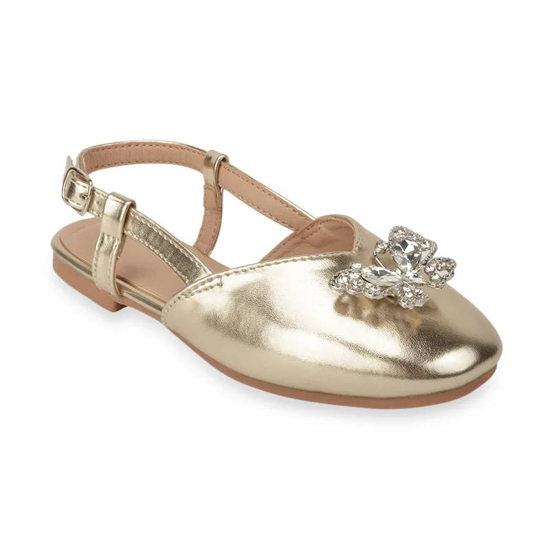 Kids Princess Casual Sandals with Butterfly Rhinestones Solid PU Leather Anti Slip Children Shoes Black Gold Color EU Size 25-32
