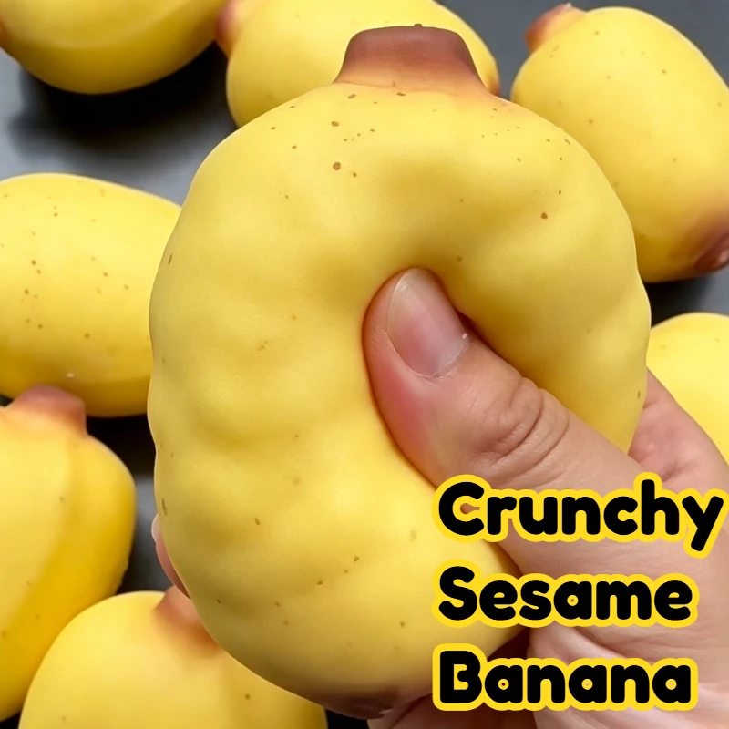 Crunchy Sesame Banana Squishy Stress Ball Fidget Toy Crispy Squishy Squeeze Ball Handmade Round Blocks Filled ASMR for Adult