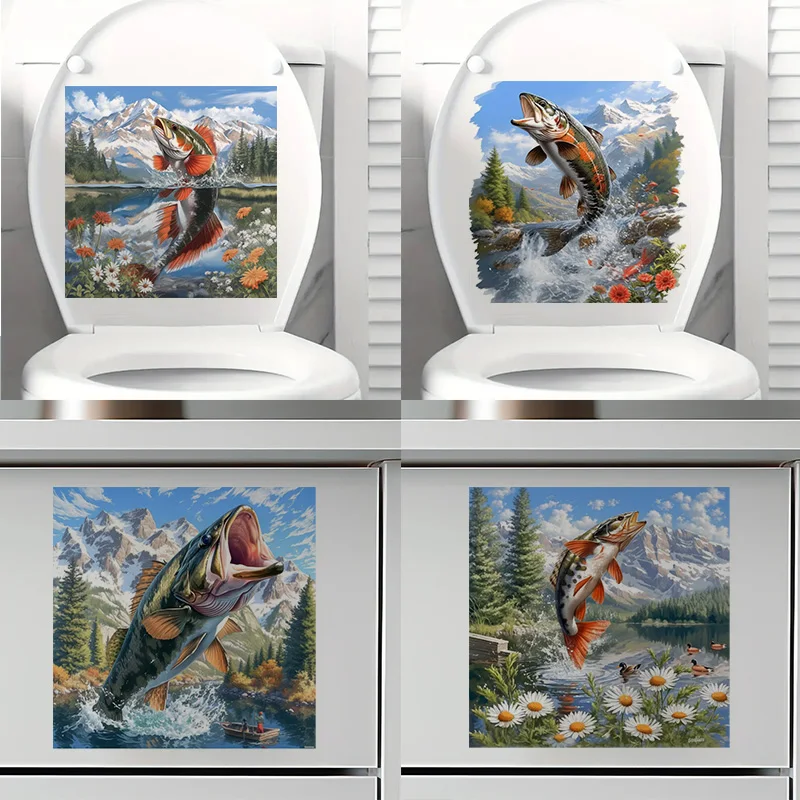 Jumping Bass Fish Toilet Stickers, Bedroom Entryway Living Room Porch Home Decoration Wall Stickers, Removable Stickers