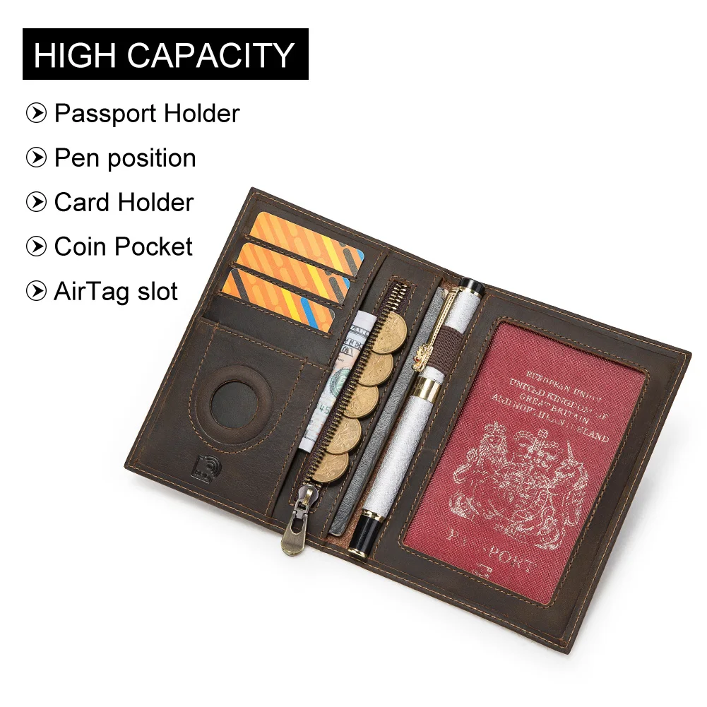 HUMERPAUL Passport Cover Wallt with AirTag for Travel Essential Crazy Horse Leather RFID Credit Card Holder Pen Cover Money Bag