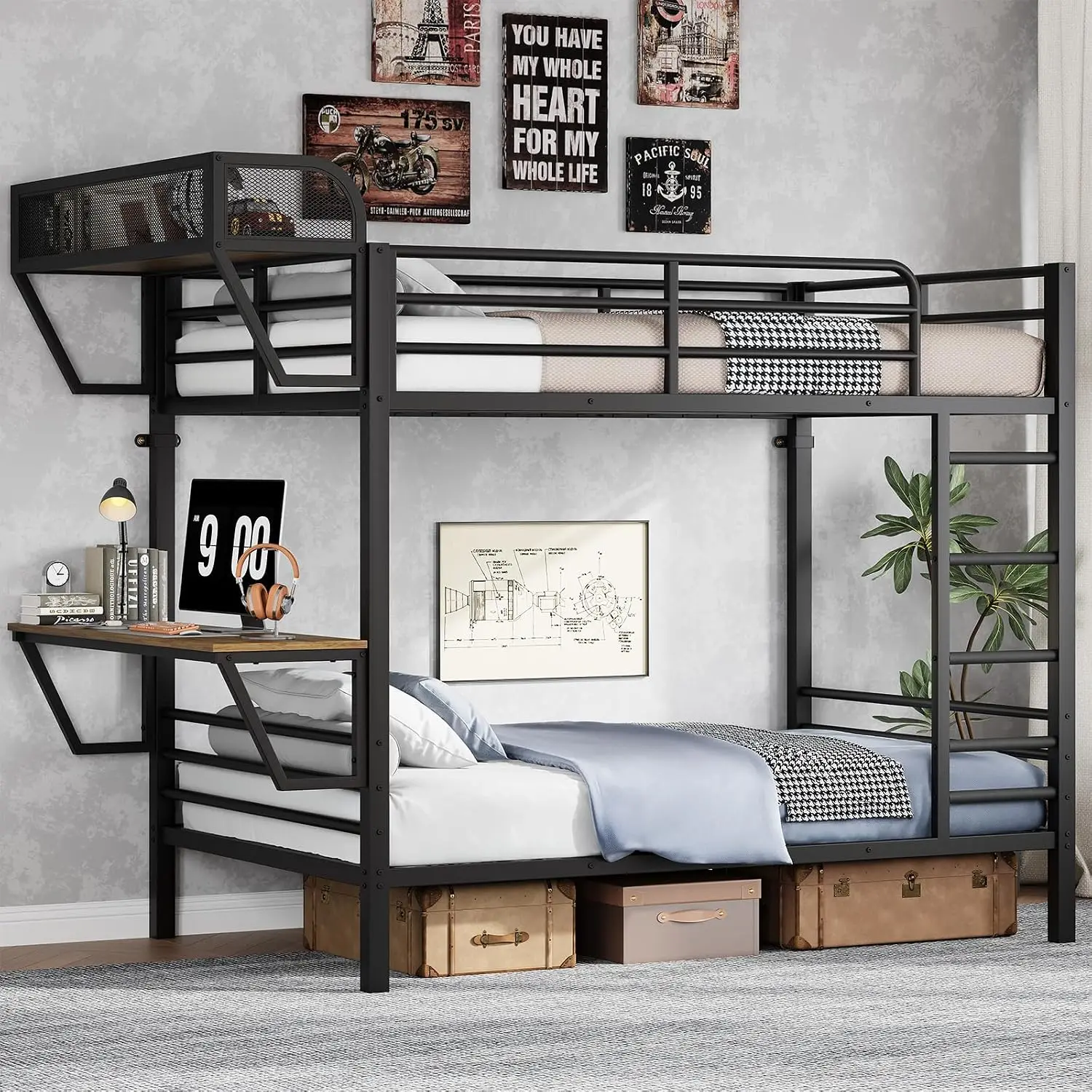 ONBRILL Space-Saving Industrial Steel with Built-in Charging Desk, USB/AC Outlets, Overhead Shelf & Safety Twin Over Twin Bunk Bed for Kids Rooms, Black