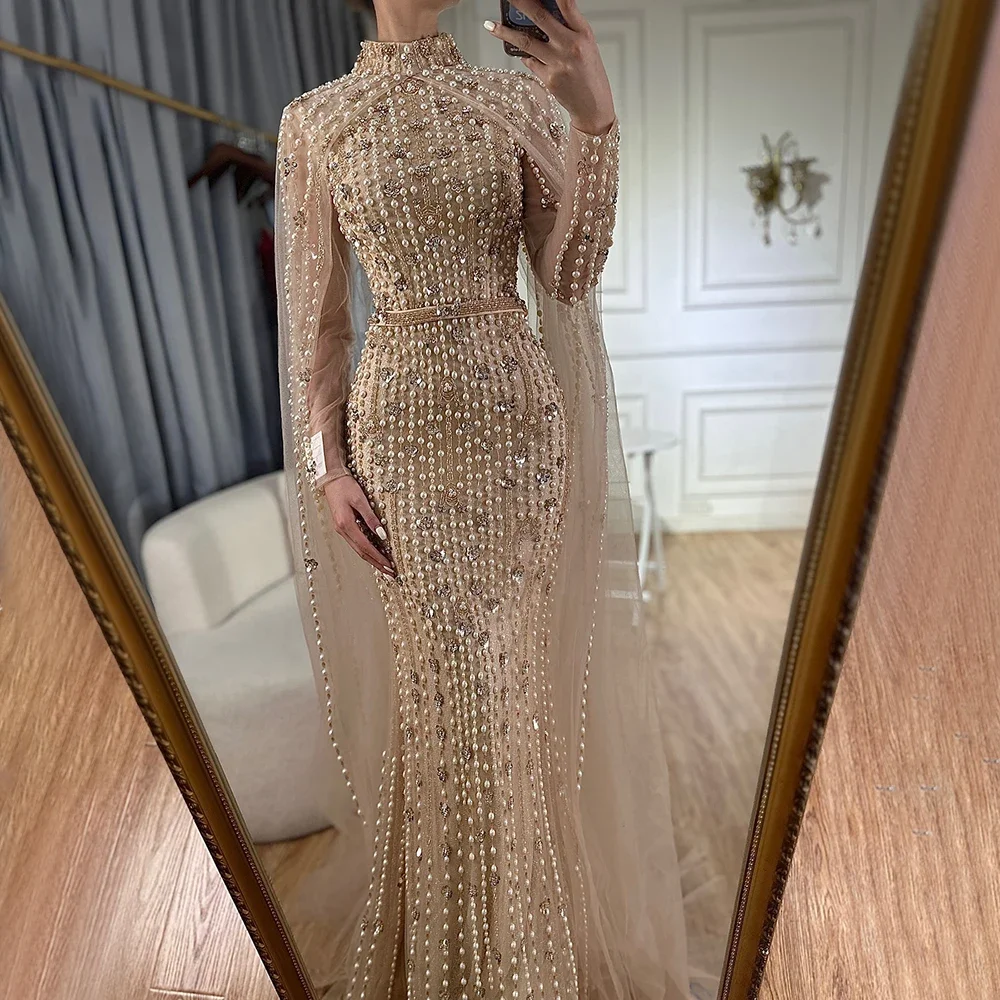 Serene Hill Muslim Nude Mermaid Cape Sleeves Pearls Beaded Luxury Dubai Evening Dress Gown 2025 Wedding Party Customize BLA72372