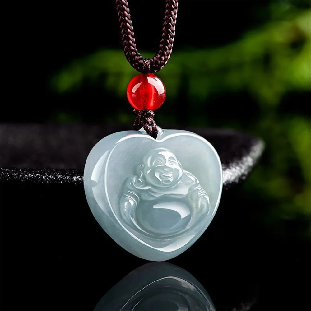 

Natural Ice Green Jadeite Hand Carved Heart Buddha Lucky Pendant Amulet Necklace Certificate Trendy Luxury Jade Gift Jewelry