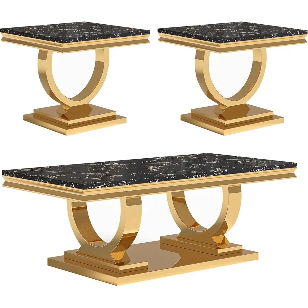 

3-Piece Luxury Living Room Coffee Table Set with Black Marble Top and Gold Steel Base
