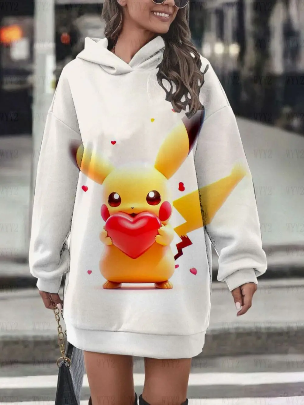 Fashionable versatile age-reducing long sleeve warm autumn and winter hoodie dress cute anime Pikachu series print sportswear