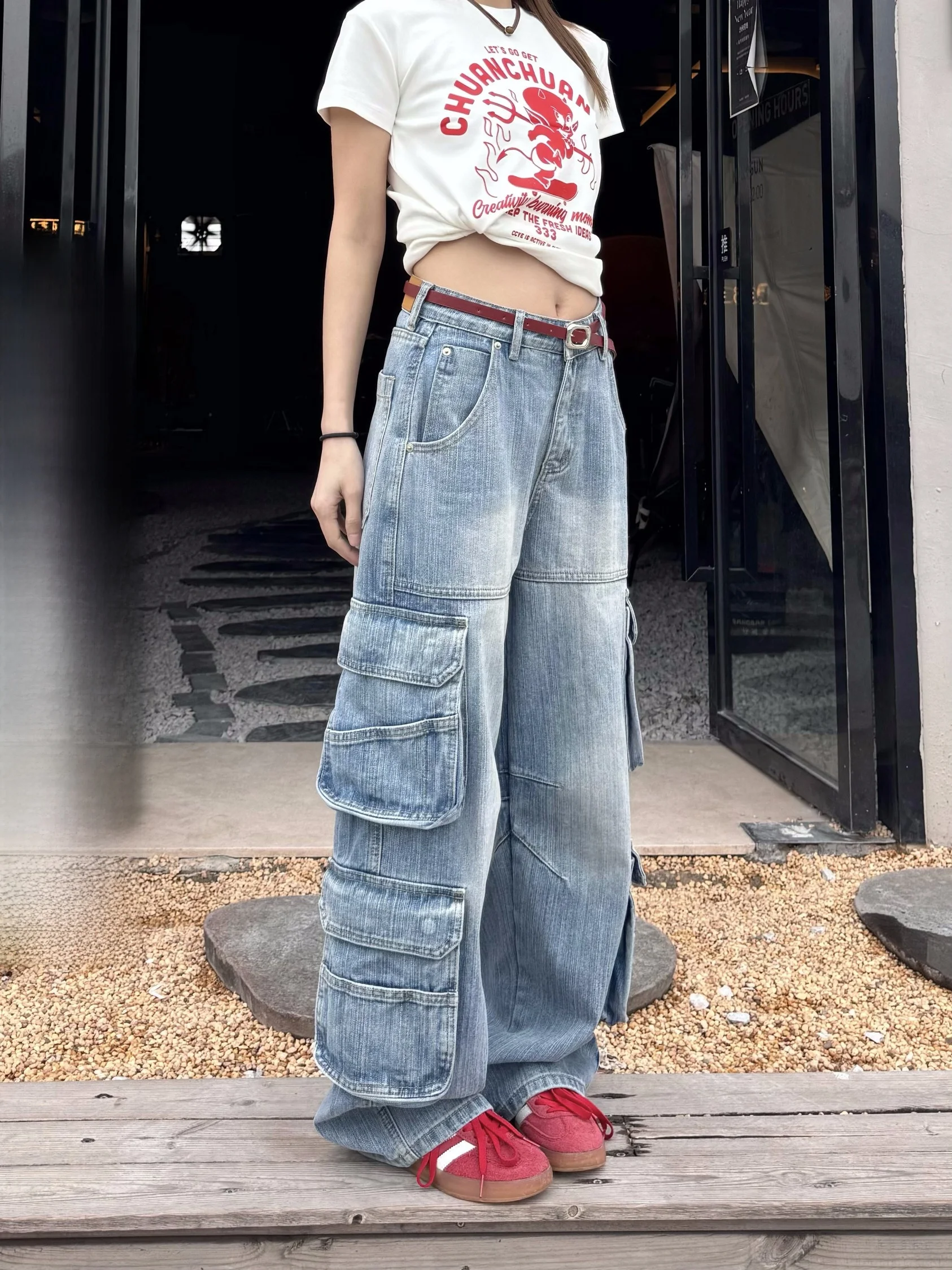 

XFX свободные джинсовые рабочие брюки в американском стиле ретро с несколькими карманами, женские широкие прямые брюки длиной до пола High Street Cleanfit