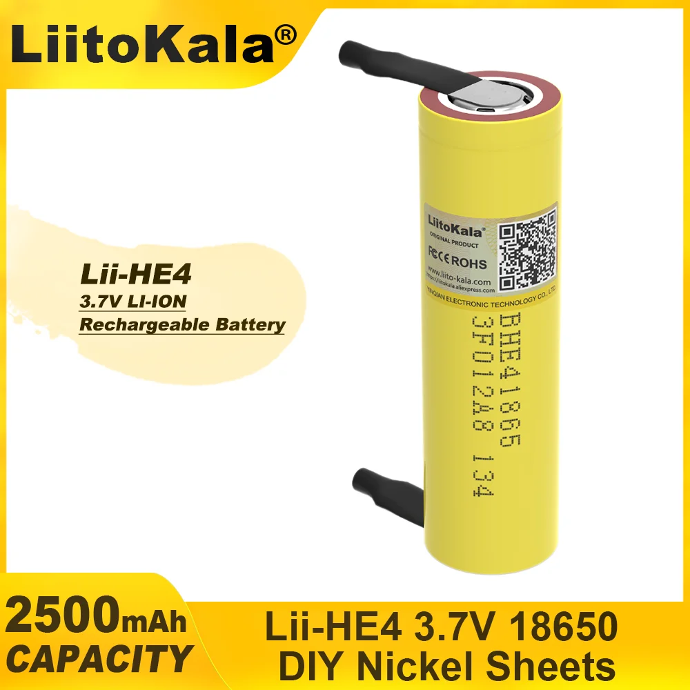 Литий-ионный аккумулятор Liitokala HE4, 2500 мАч, 18650 в, 20 А, 35 А + никелевый лист