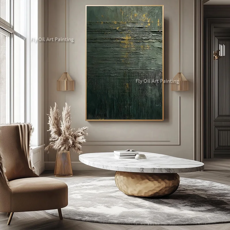 Dark Green Black Texture Thick Abstract Canvas Artwork Popular Design Green Brown Simple Oil Painting For Home Wall Decor As Gif