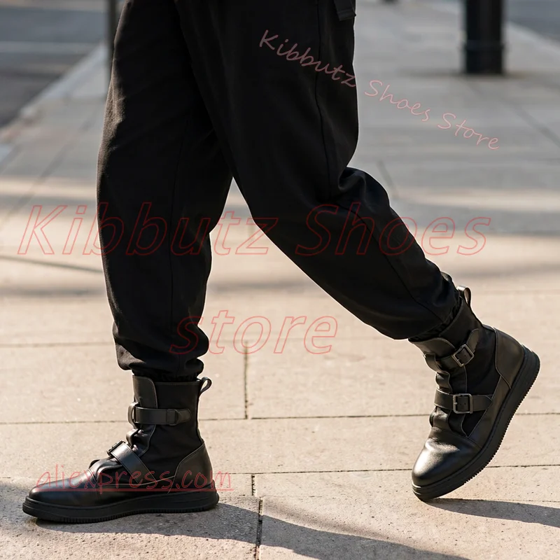 Buckle Strap Platform Ankle Boots Thick Sole Lace Up Shoes Hardware Punk Goth Grunge Footwear Streetwear Fashion Leather Concise
