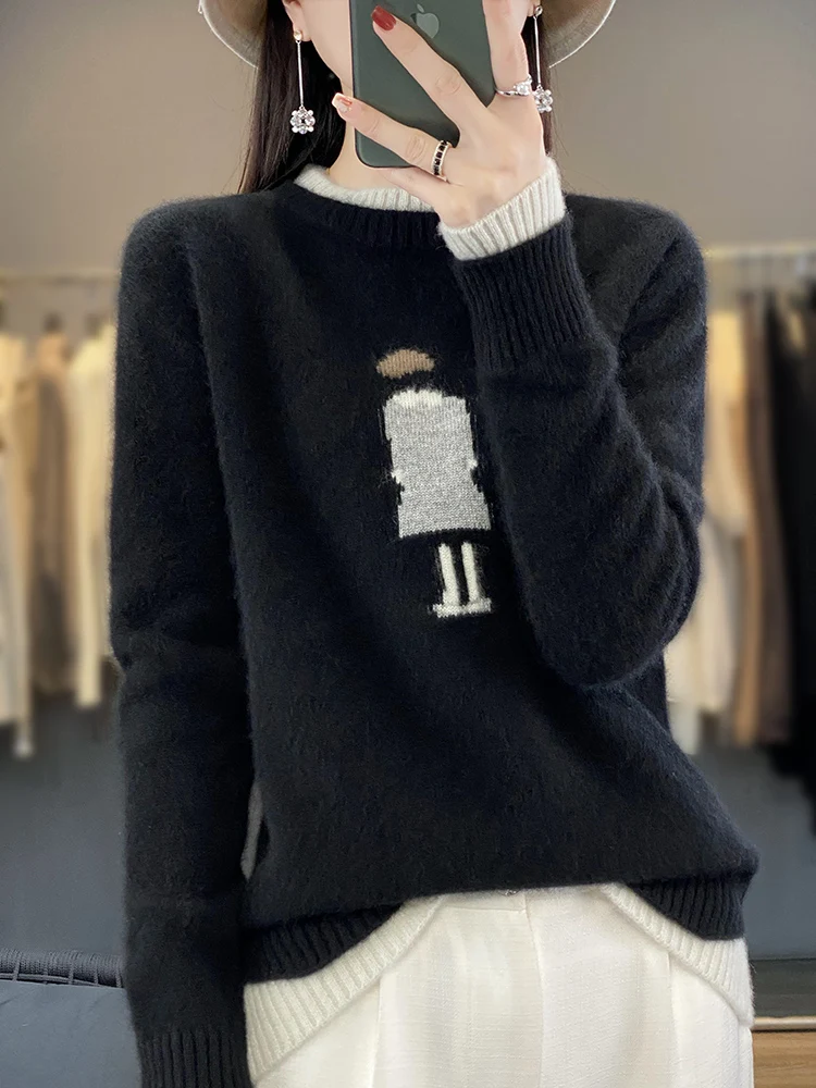 

Autumm New 100% Wool Knitted Pullover Women's O-Neck Jacquard Sweater Fashion Match Color Thick Tops Loose Large Size Base Shirt