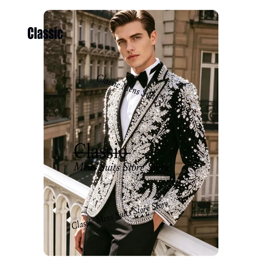 Customized Diamond Rhinestone Men Suits 2 Pieces Sets Male Party Blazers Elegant Groom Evening Tuxedos Slim Sequin Costume Homm