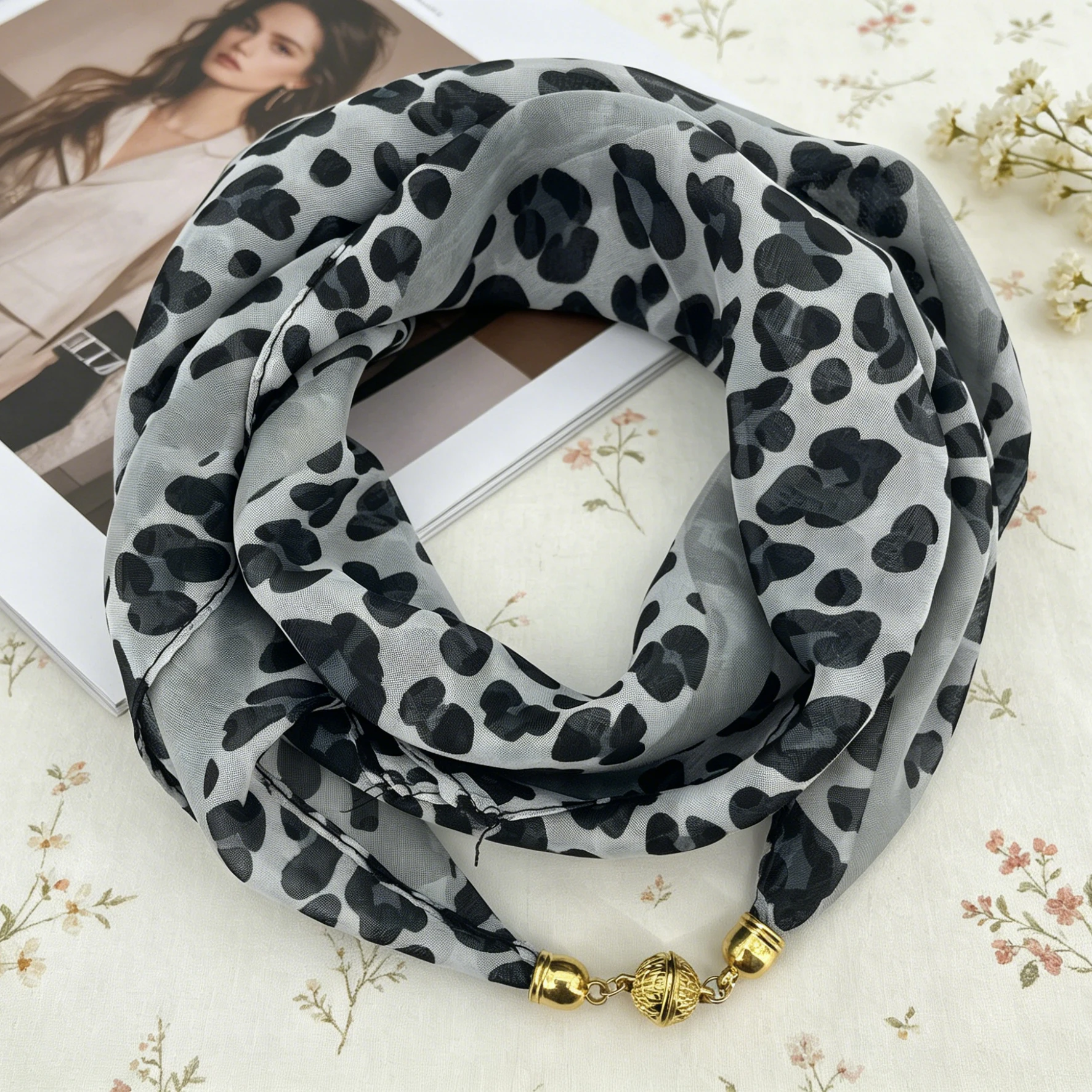 Leopard Print Magnetic Buckle Scarf, 60cm Square Thin Chiffon Neck Scarf, Quick & Easy Wear Fastening Neck Wrap,Decorative Scarf image 3