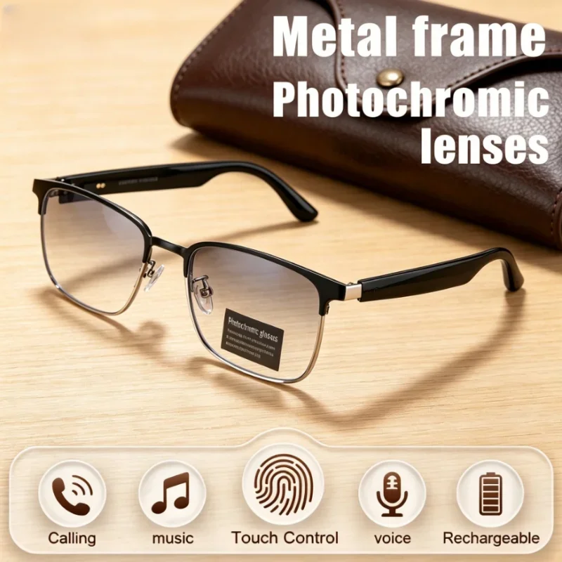 

Metal Frame Color Changing Lenses Ultra Comfort AI Smart Glasses Dual Touch Call Wireless Bluetooth Headset Men or Women