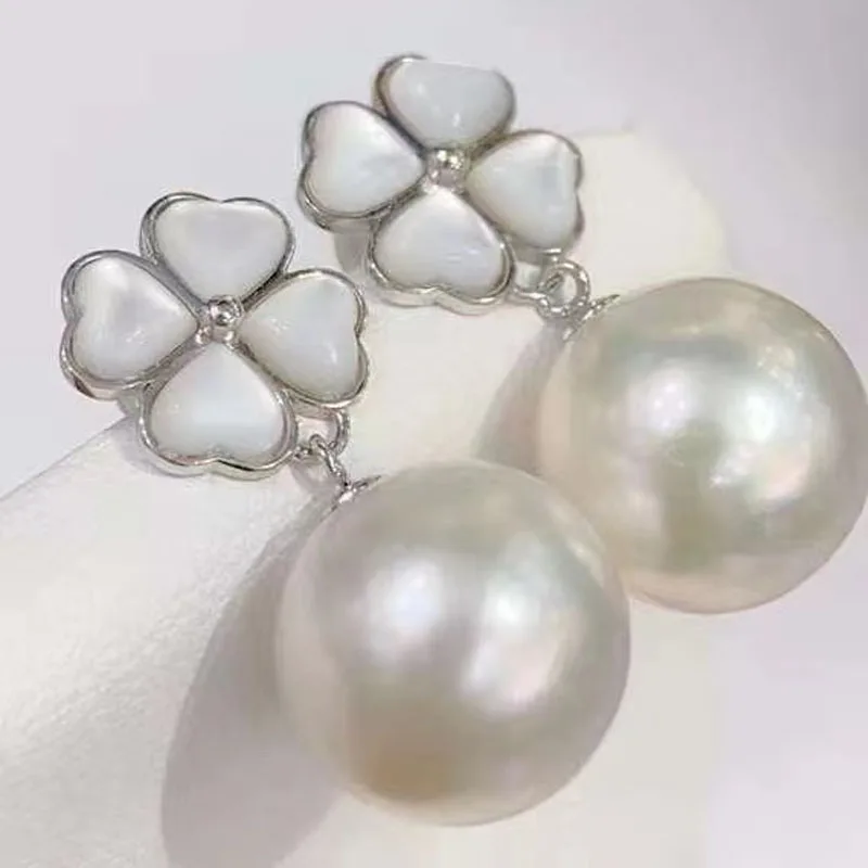 European and American four-leaf clover earrings Zhuji pearl earrings 18k gold 11-12mm Edison freshwater natural pearls