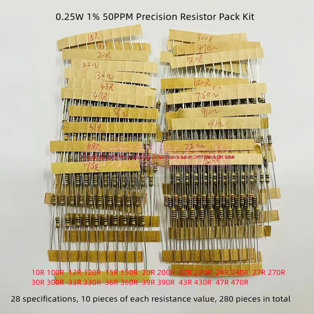 1 buah 0.25W 1% 50PPM film logam presisi tinggi paket sampel resistor kit resistensi 10R-910R 28 jenis masing-masing 10 buah