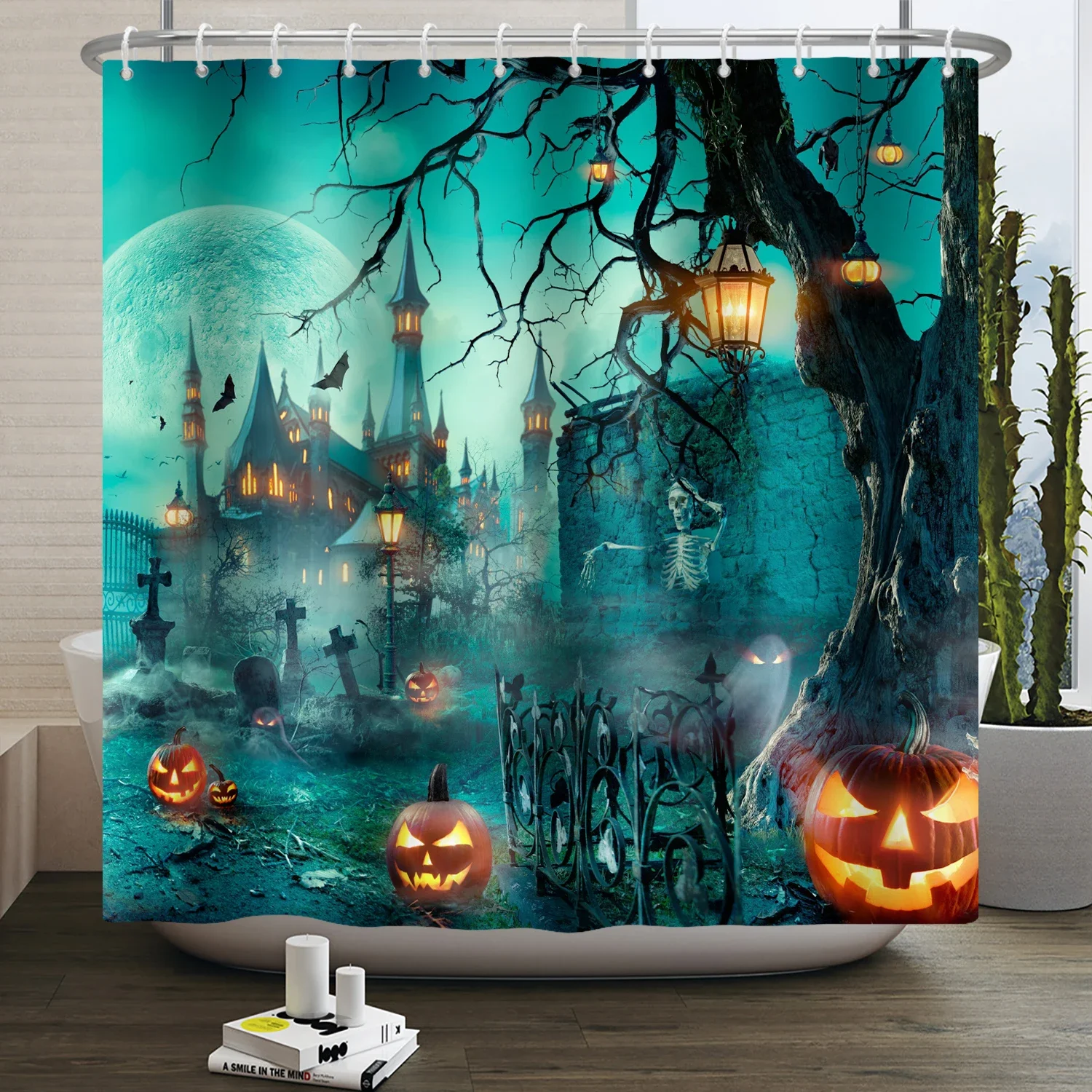 Halloween Shower Curtain Horror Moon Night Pumpkin Skull Skeleton Scary Castle Witch Ghost Cemetery Waterproof Bathroom Curtains