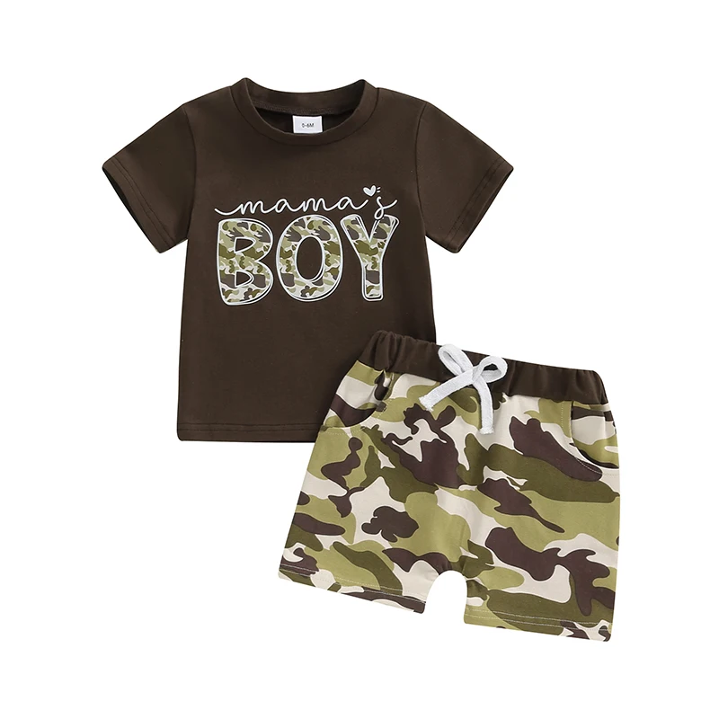 

Summer Toddler Baby Boys Outfit Letter Print Short Sleeve Tops Camouflage Shorts Suits