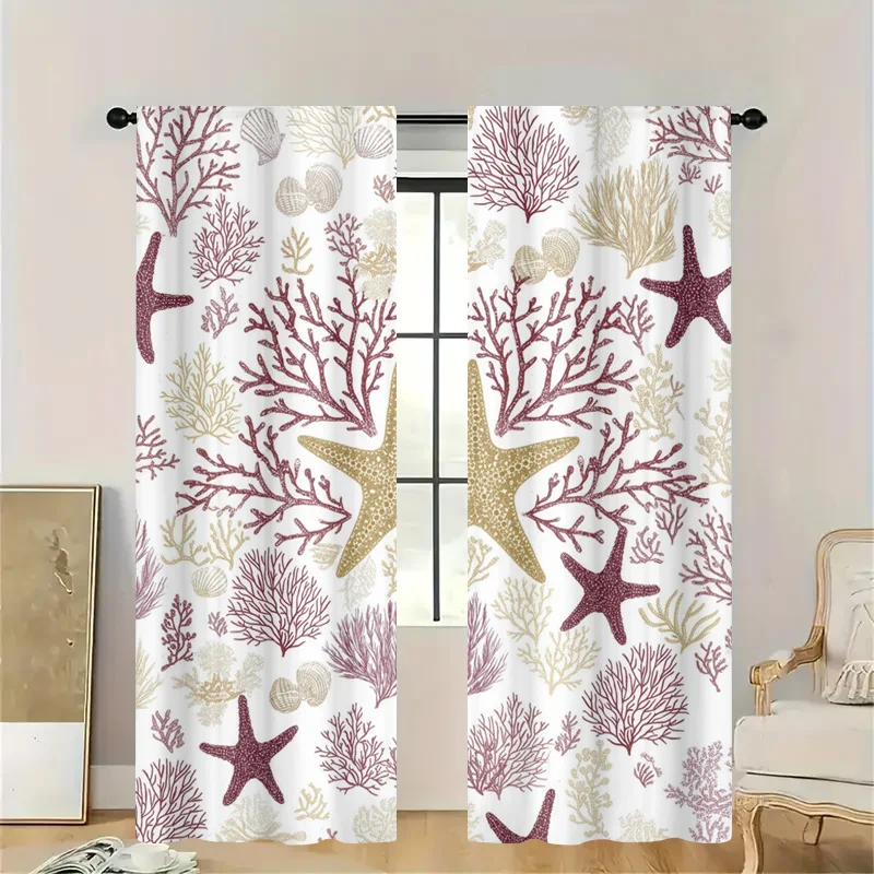 Elegant Coastal Ocean Life Starfish Coral Reef Pattern Decorative Curtains Panel Nautical Beach Window Dressing Home Decor