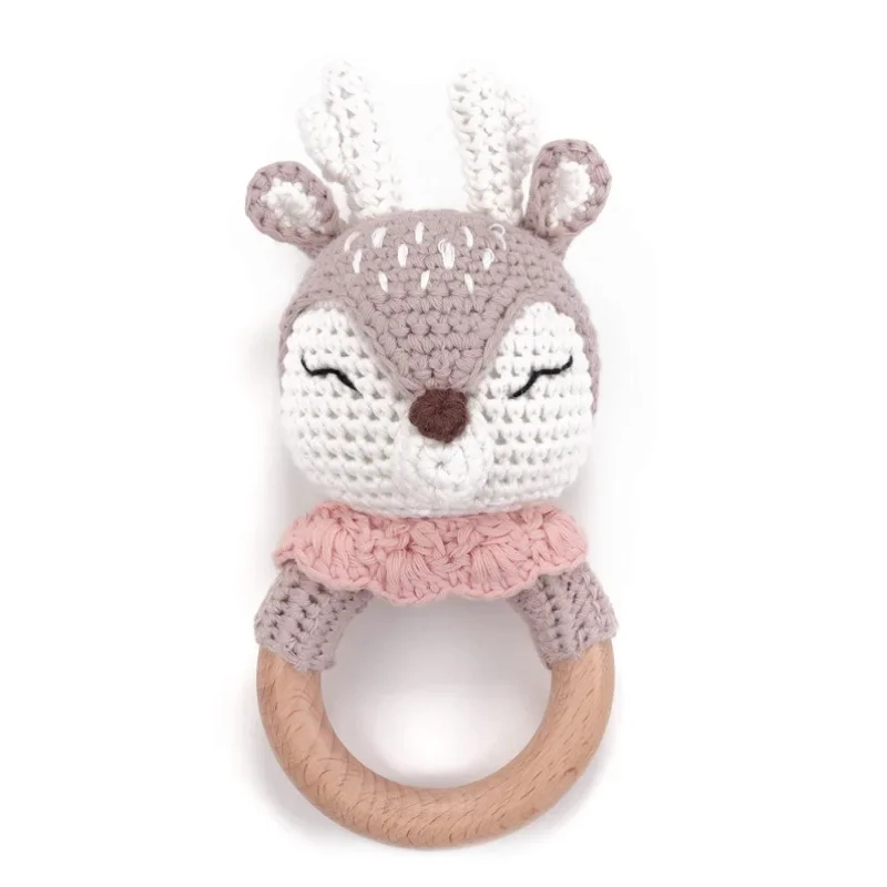 Newborn Baby Rattles Cute Cartoon Animal Rabbit Grab Ability Training Toys Infant Bell Toy Original Wood Crochet Hook Knitted