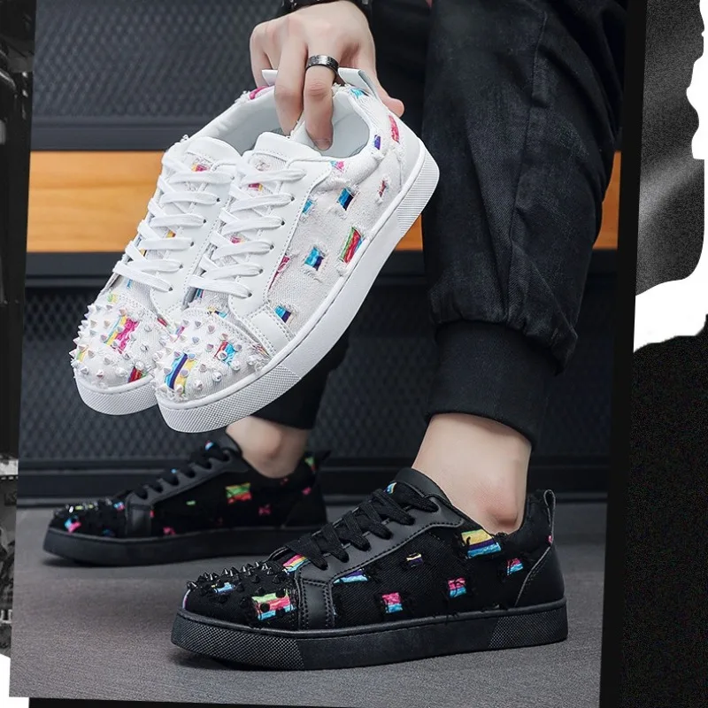 

Fashion Trend Couples Ripped Canvas Shoes Red Sole Rivet Board Shoes for Men High Quality Man's Sneakers for Men Women's Shoes