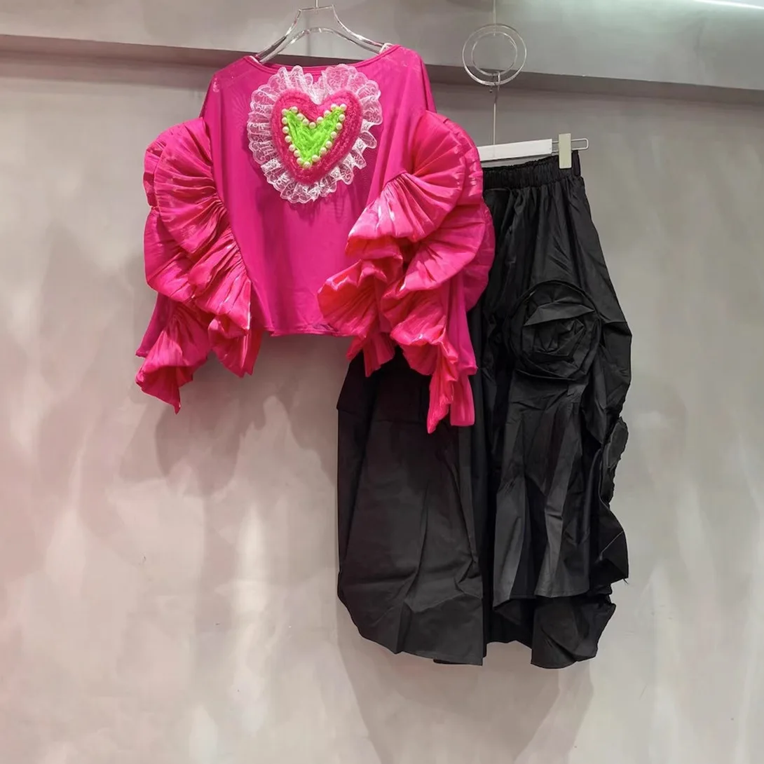 Women Love Embroidery Diamonds Pearls Beaded T-shirt Ruffles Edges Long Sleeve Tees Loose Irregular Irregular Lotus Jumpers Tops