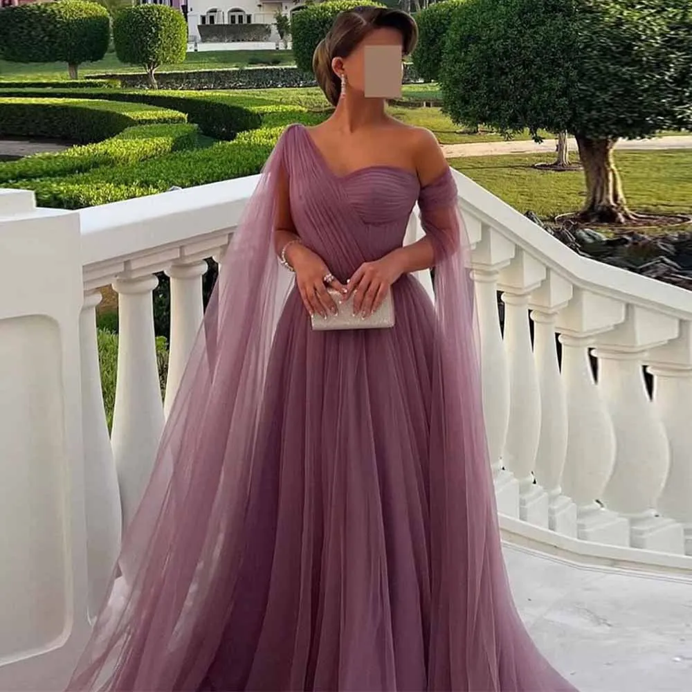 

Saudi Arabia Elegant Party Dresses Woman Net A-line Celebrity Dress Purple Off-the-shoulder Draped Pleat Ruched Evening Dress