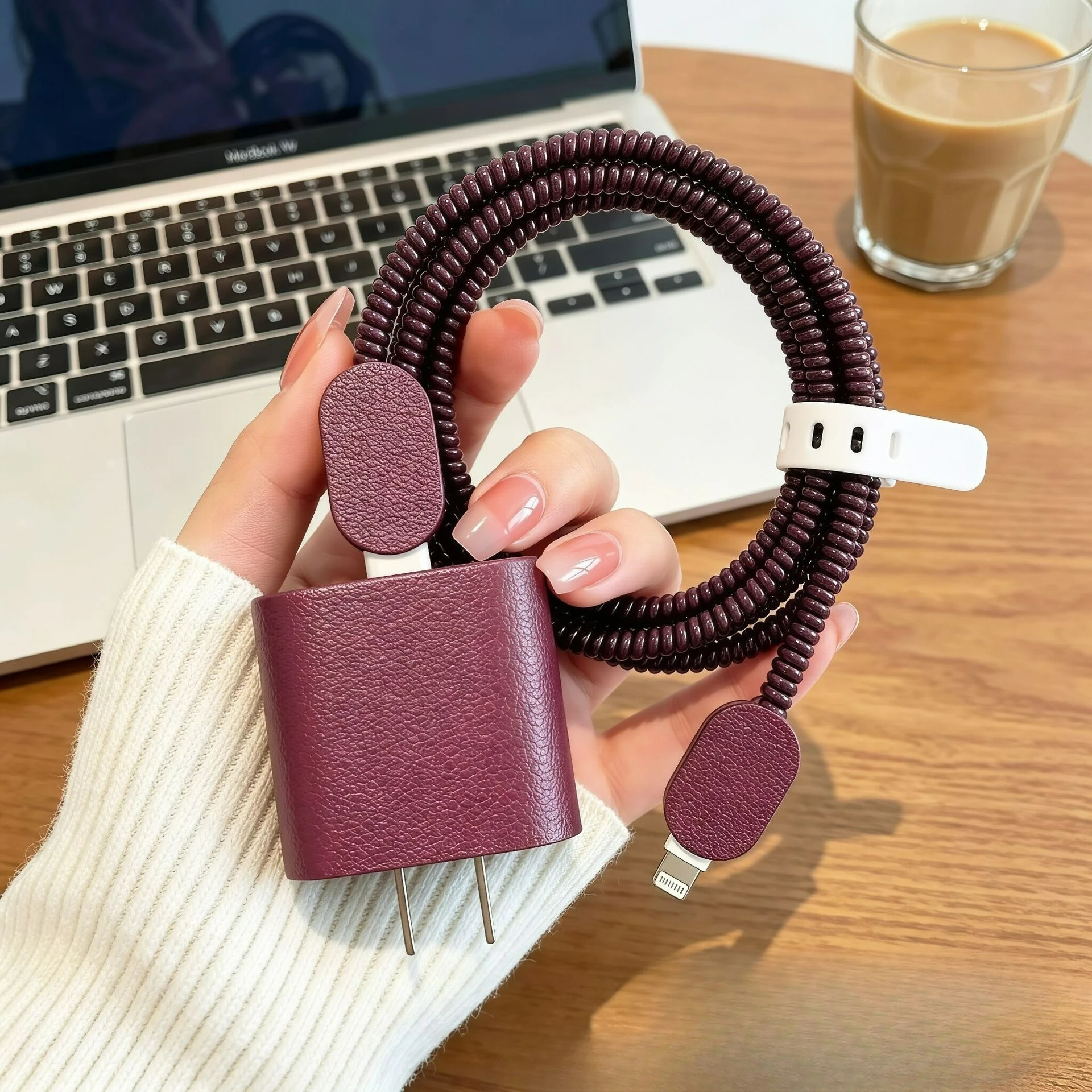 5pcs/set Faux Leather Cable Cord Case for iPhone 15 16 18W 20W Lychee Pattern Texture Fast Charge Cable Winder Accessories