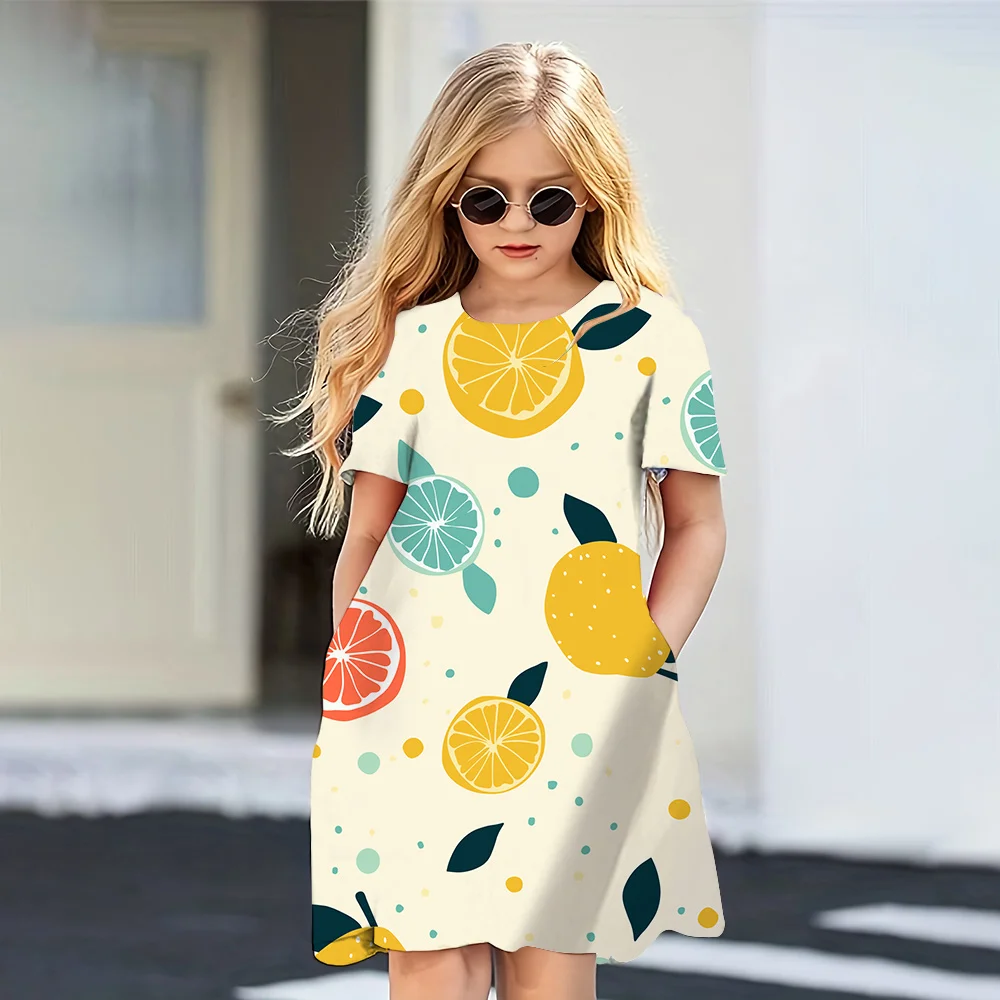 2024 Summer Dress Girls Cute New Hawaii Style 3D Printed Dresses Girls Party Short Sleeve Casual Princess Dress Girls Clothing