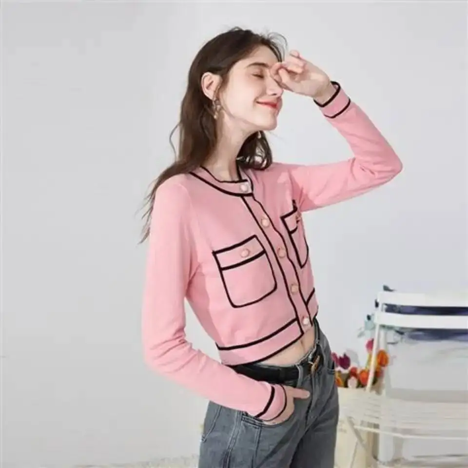 

Весенний женский лоскутный однобортный вязаный свитер с круглым вырезом и длинными рукавами, осенний модный универсальный топ для поездок на работу