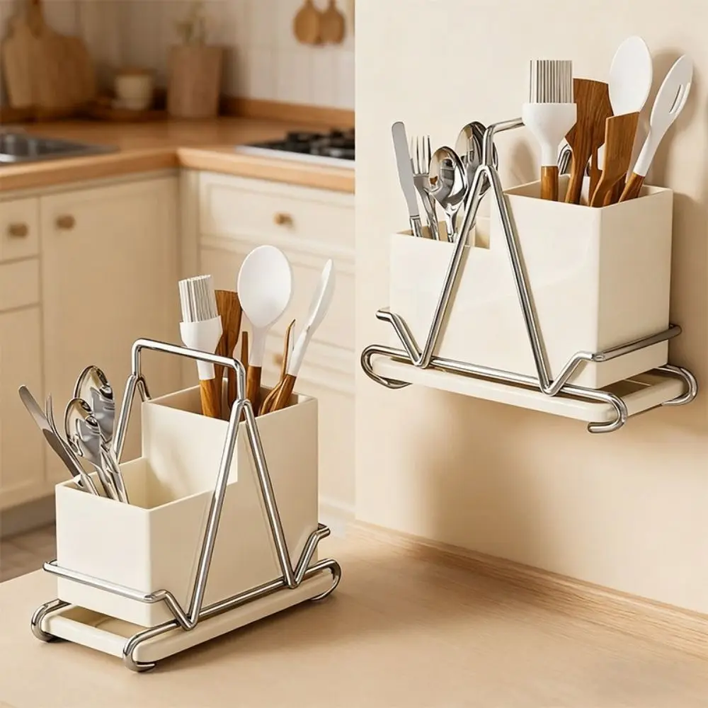 

Stainless Steel Chopsticks Storage Box Countertop Type Large Capacity Cutlery Storage Rack Space Saving Wall Mounted