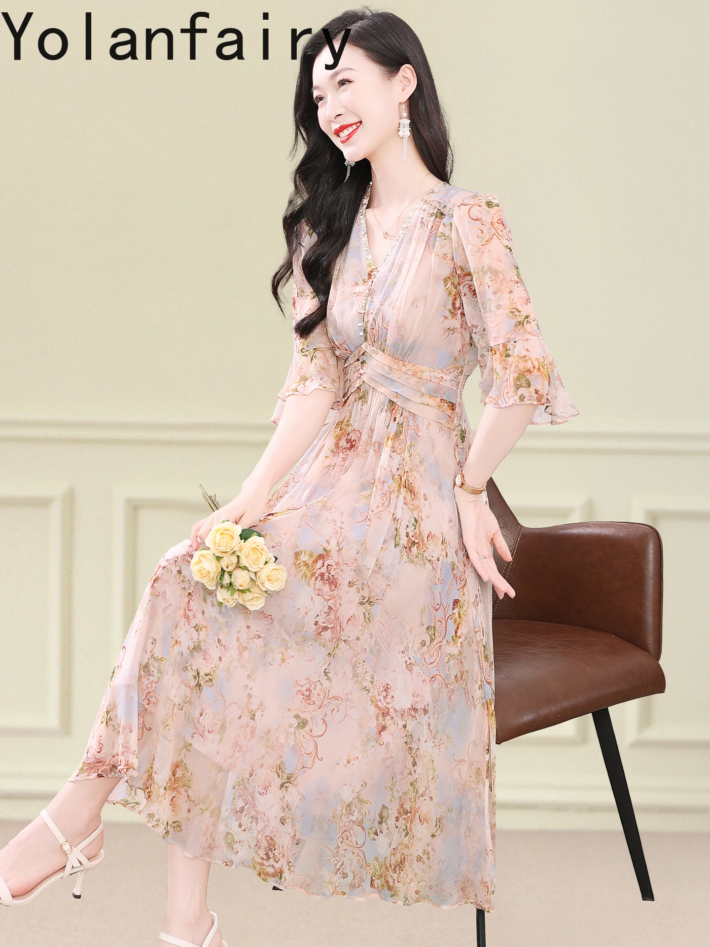 YOLANFAIRY 100%Natural Mulberry Silk Dress Women French Gentle Style V-neck Printed Dress Elegant Birthday Dresses Woman Vestido