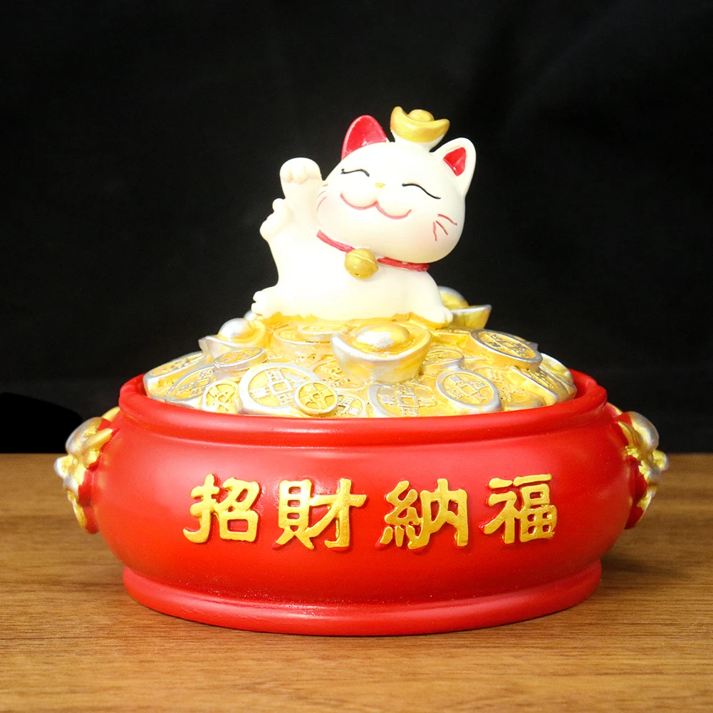 Kawaii Maneki Neko Lucky Cat Gold Ingot Copper Coin Resin Ashtray with Lid Jewelry Holder Storage Craft Lucky Fortune Decor