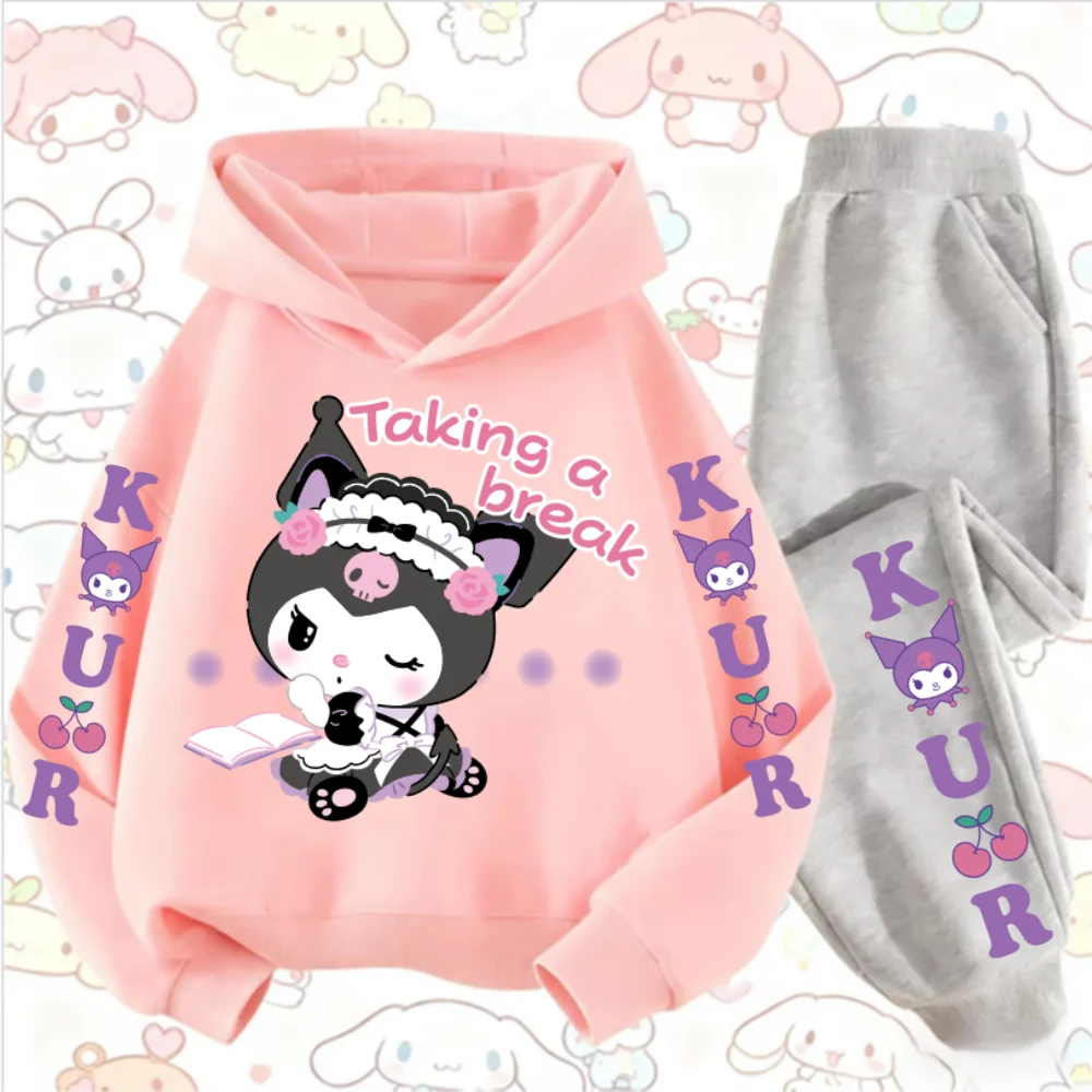 산리오 쿠로미 소녀들을 위한 패셔너블하고 편안한 야외 스포츠 후드티 & 캐주얼 바지 남녀 공용 가을 및 겨울용