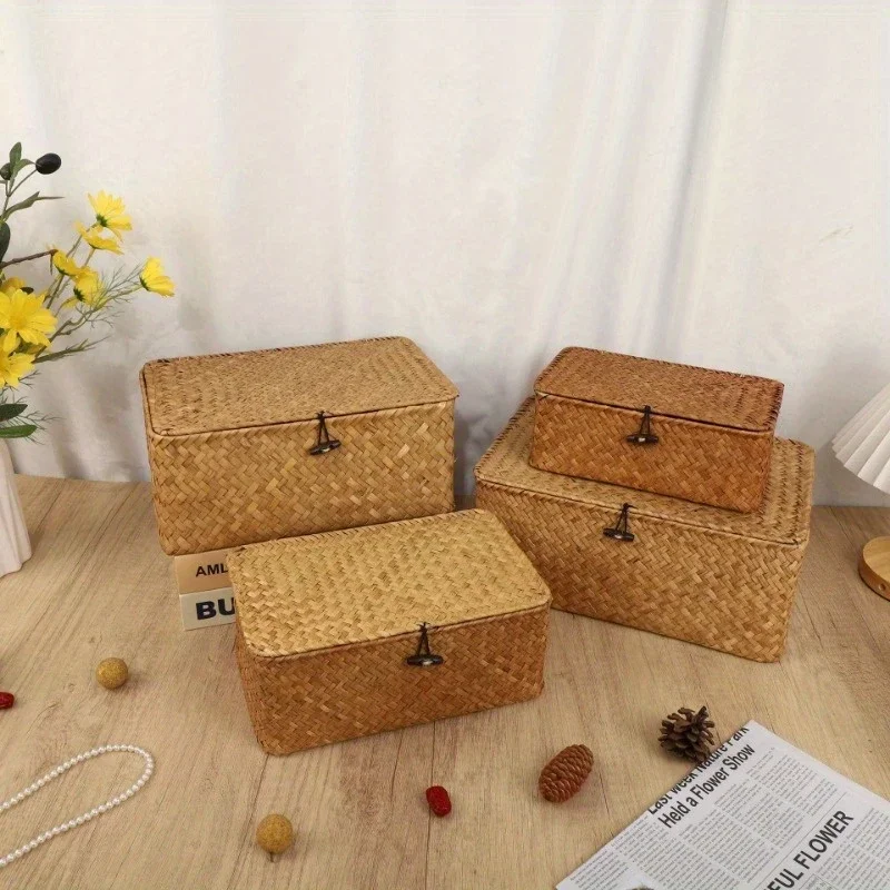 Handmade Straw Woven Vintage Storage Rack Basket, Desktop Storage Box, Gift Box, Bathroom Storage Basket, Underwear Storage Box