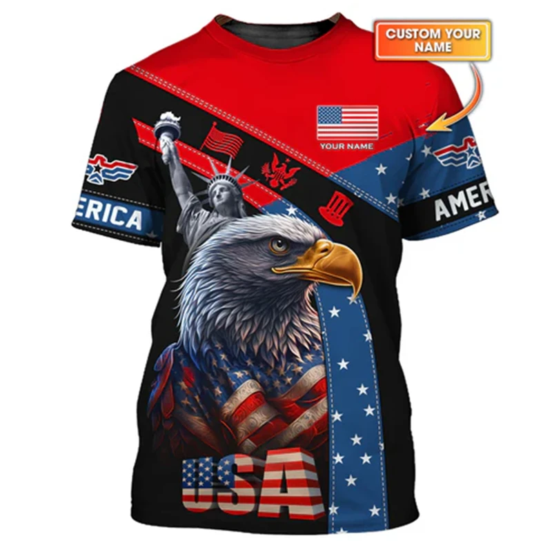 Custom Name USA Flag Print T-shirt For Men's Clothing Streetwear Pride Pattern T Shirts Fashion Trend Bald Eagle Pattern Tee Top
