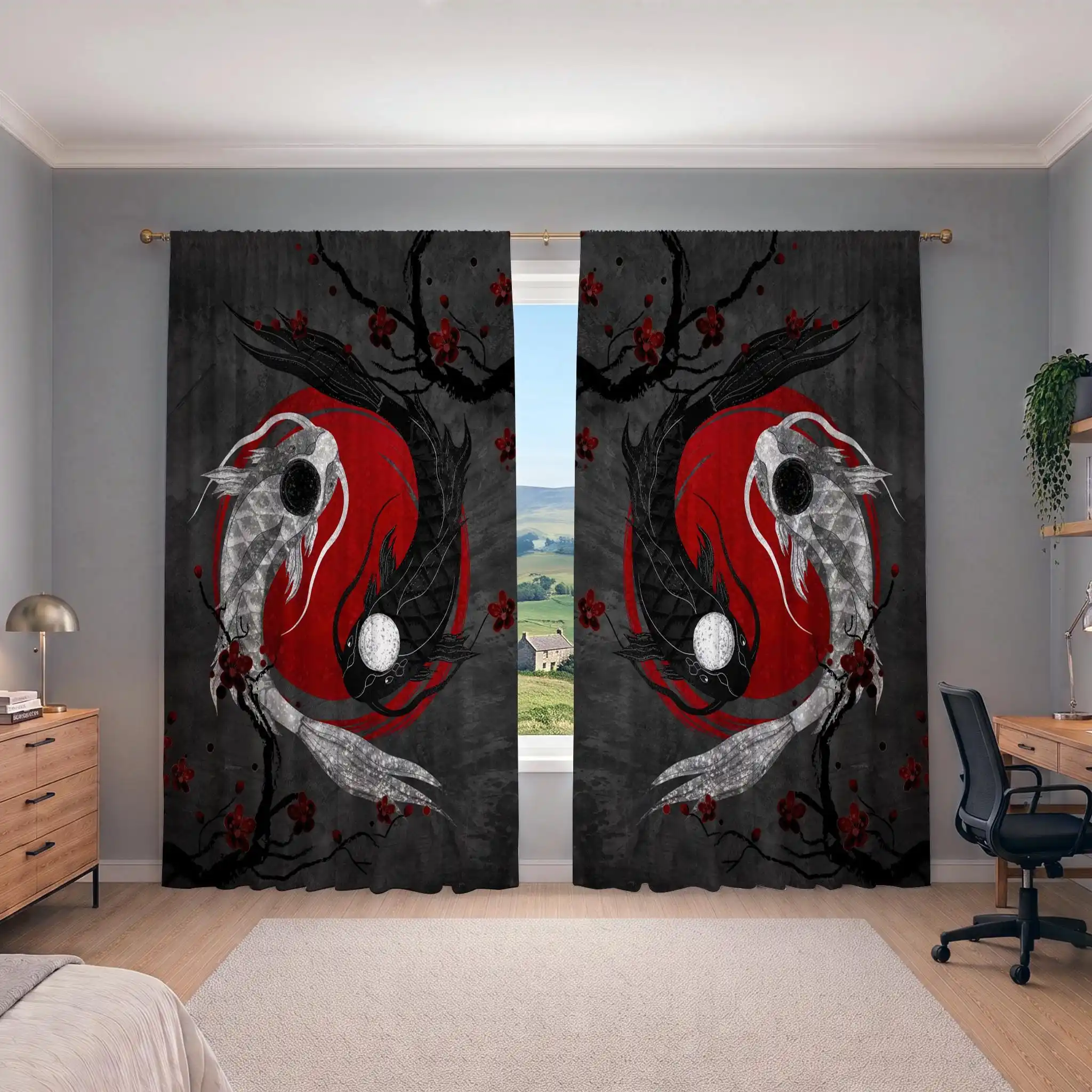 Dramatic Yin Yang Art Window Curtains Black Red Chinese Style Abstract Feng Shui Home Decor Panels