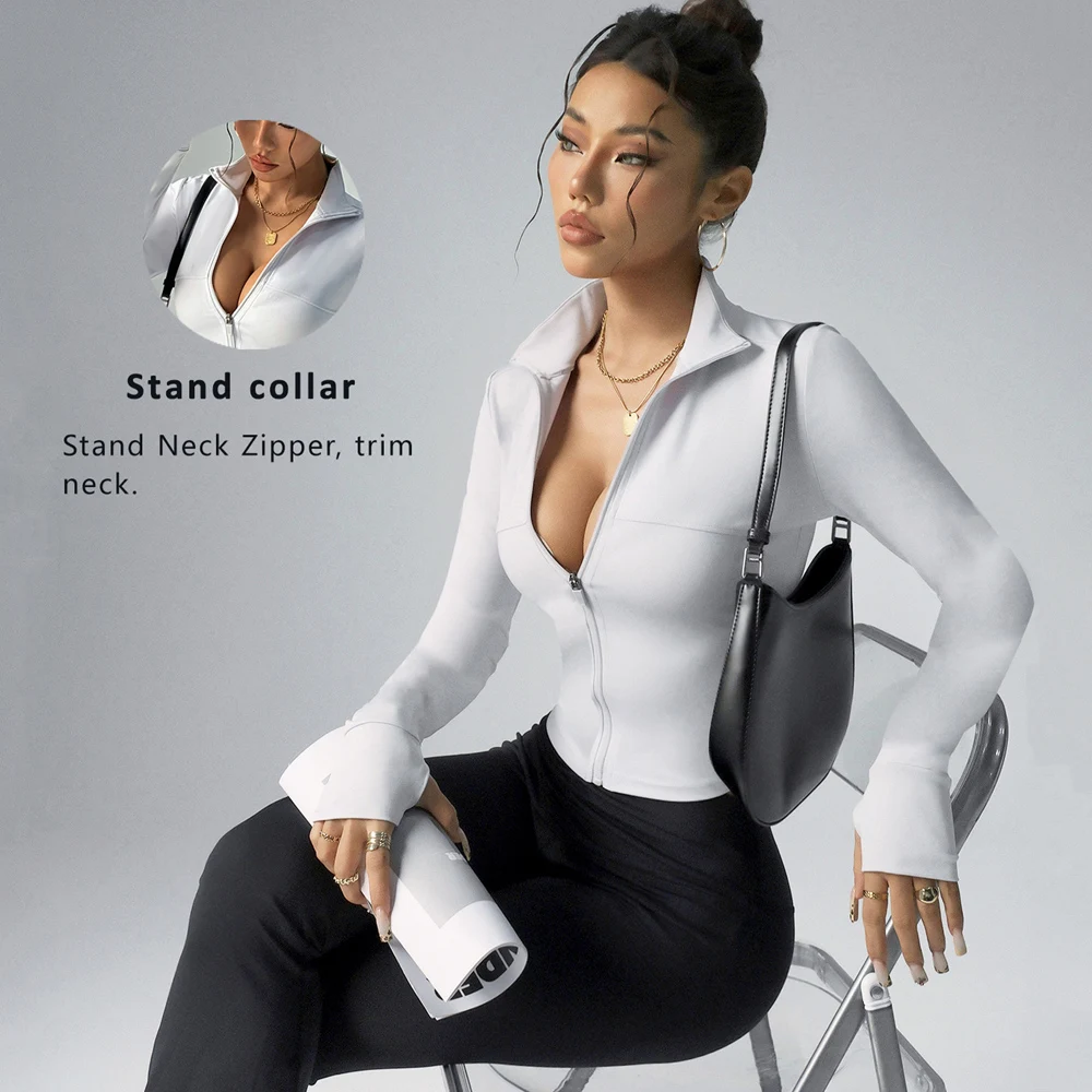 Seamless Zipper Jacket Women Crop Top Yoga T-shirts Solid Sports Top Long Sleeve Running Shirts Quick Dry Fitness Gym Sport Wear