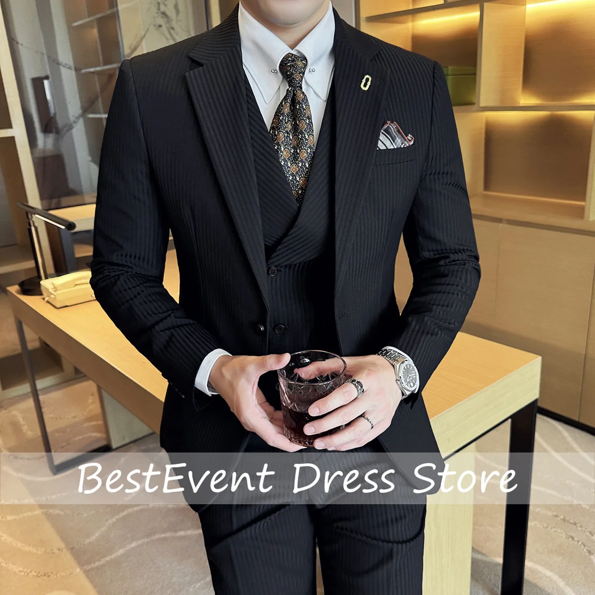 Luxury Stripe Men 3-piece Suit Korean Version Fashion Elegant Slim Fit Tuxedo Formal Groom Wedding Social Suits Customized