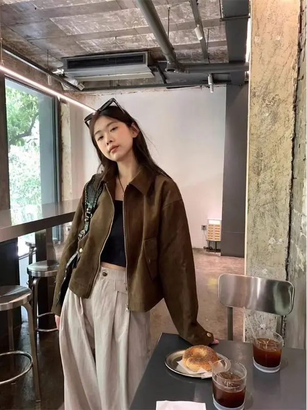 Cool ort Wildleder Jaet Damen Herbst Winter American Sle Retro Lazy Chic Leder Jaet Mantel für Damen Reißverschluss