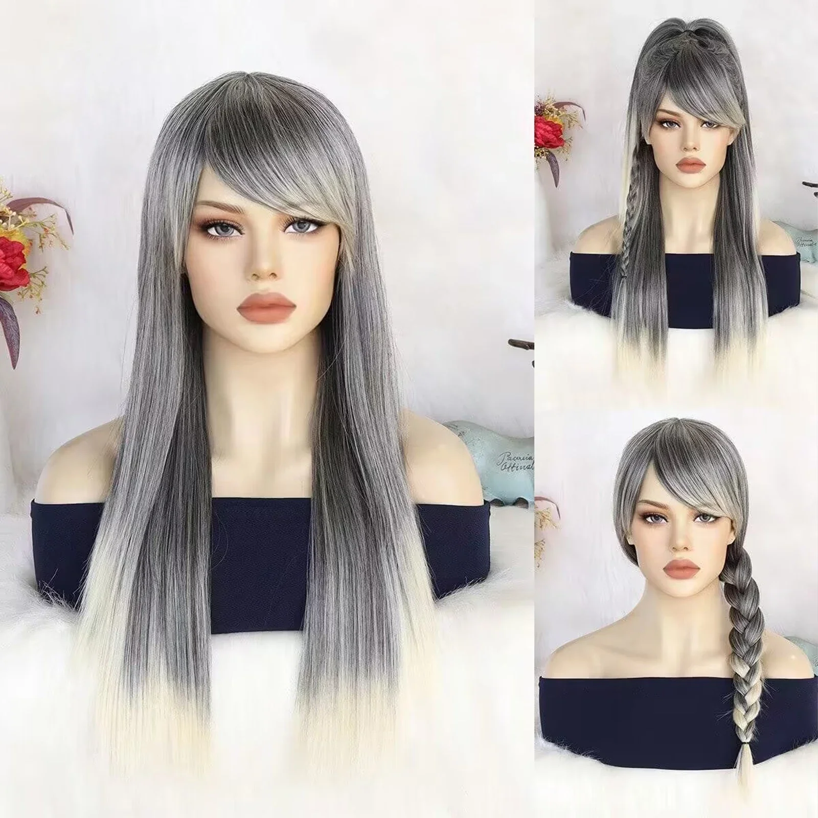 Long Blonde Mixed Brown Silky Straight Wig with Blunt Bangs For Women’s Christmas Halloween Cosplay Costume Party Wigs