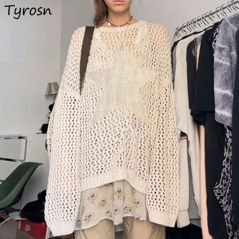 

Sheer Sweater Pullovers Women European Streetwear Hollow Out Knitwear Y2k Clothes Hotsweet Fashion Loose Vintage Designer Chic