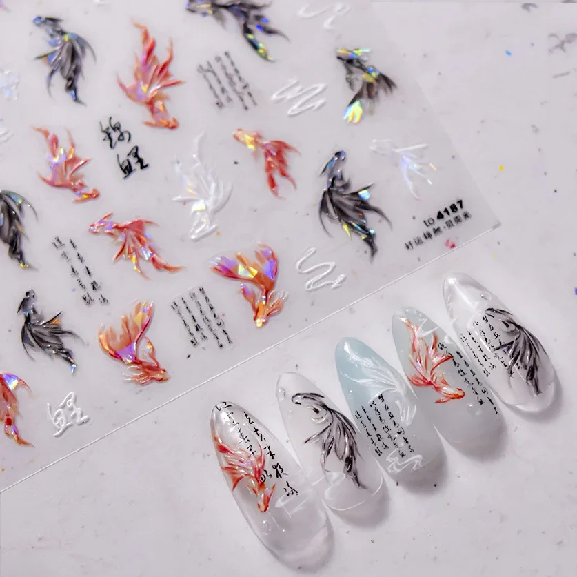 Chinese Koi Goldfish Carp Red White Black Fish Lotus Flower Dolphin Mermaid Summer Soft Reliefs Nail Art Stickers Manicure Decal