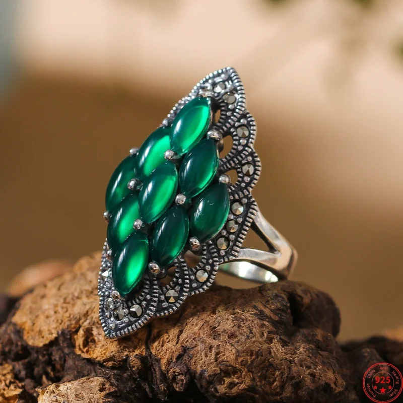 Genuine S925 Sterling Silver Charms Rings for Women New Fashion Nine Green Chalcedony Micro Marcasite Punk Jewelry Wholesale