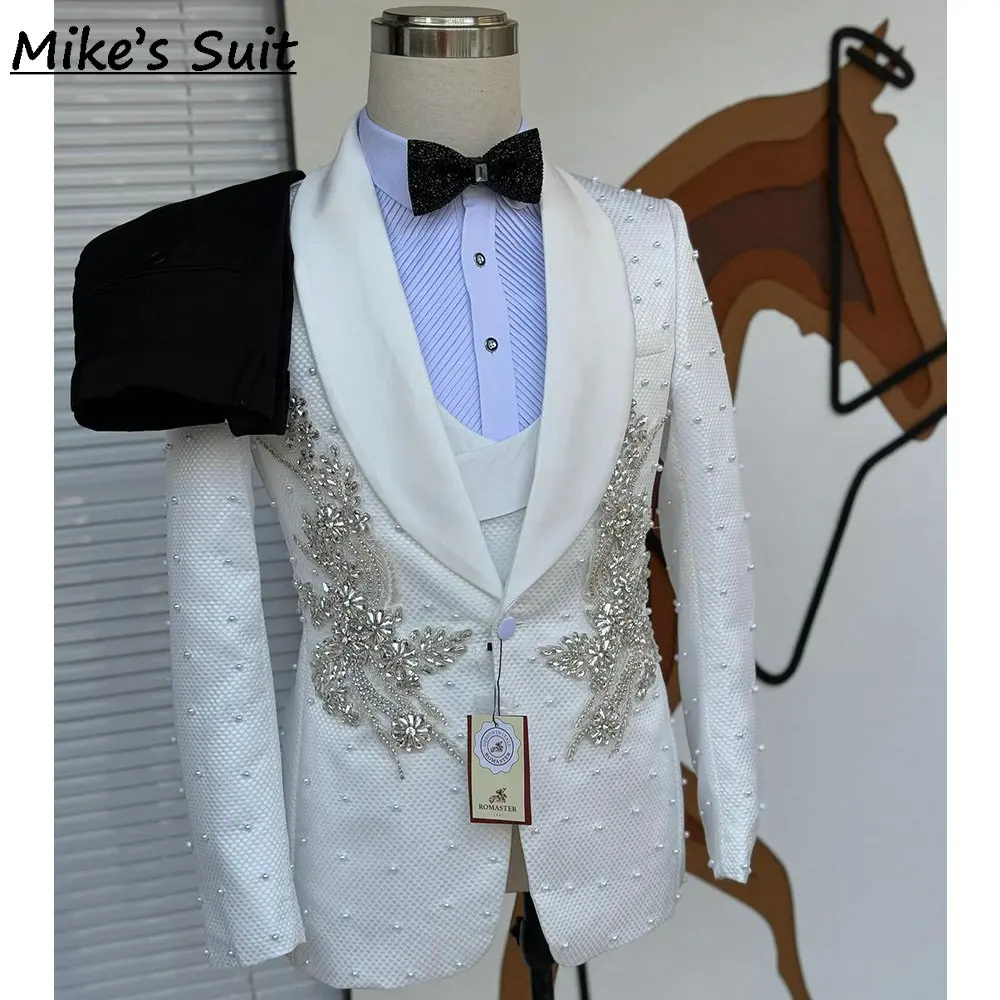 White Check Wedding Suit Groom Wear Beading Pearls Appliques Man's Suits Formal Tuxedo 3 Pieces Set Blazer Vest And Pants