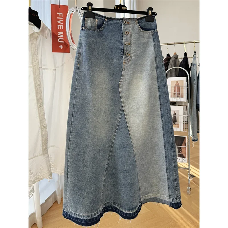 

New Retro Patchwork Denim Skirt Women Fashion High Waist Tassel Casual Skirts High Street A-line Button Up Long Jupe