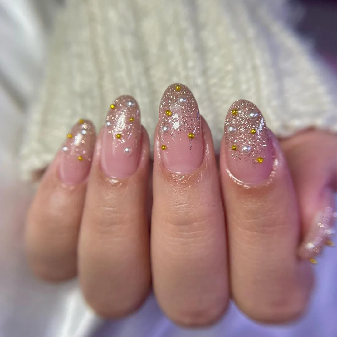 24Pcs Almond False Nails with Shimmery Powder Gradient Glossy Fake Acrylic Nails Press Ons French Ballerina Detachable Nail Tips