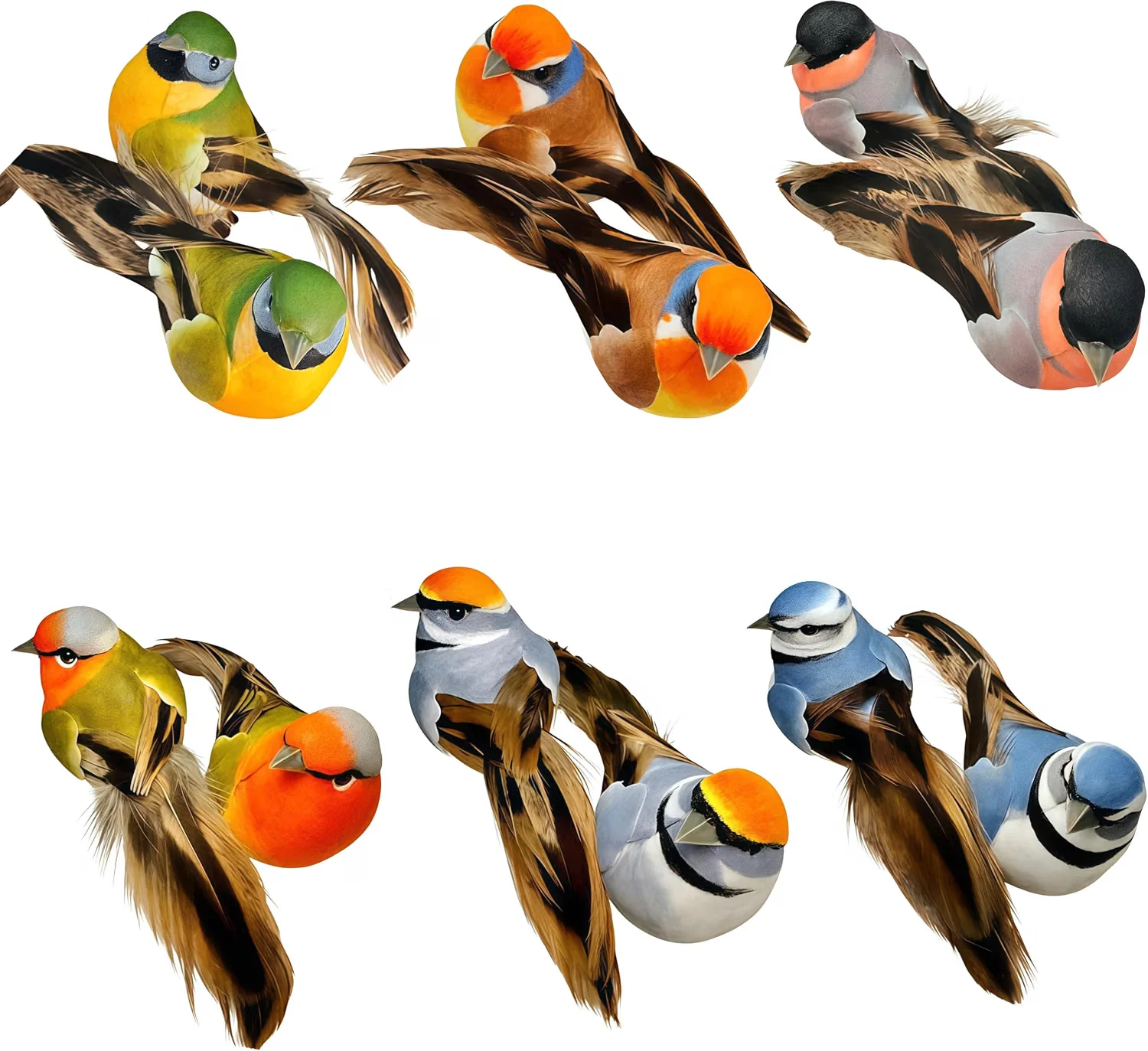 12PCS Artificial Feather Birds, 6 Assorted Colors, 4.5in Mini Decorative Birds for Wreath, Tree, Floral & Home Decor